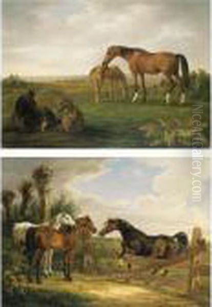 Vollbluter Mit Fohlen Und Auf 
Der Koppel (thoroughbreds With Their Foals And In A Paddock): A Pair Oil Painting by Adam Albrecht