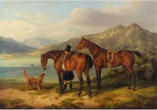 Reiter Und Zwei Pferde Am See (rider And Two Bays By A Lake) Oil Painting by Adam Albrecht