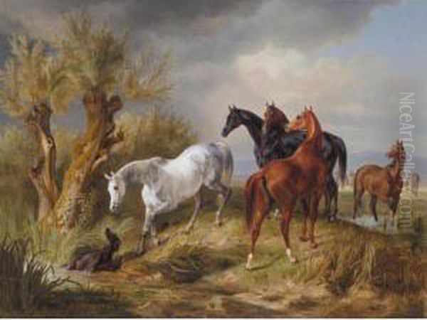 Vollbluter Auf Der Weide (thoroughbreds In A Pasture) Oil Painting by Adam Albrecht