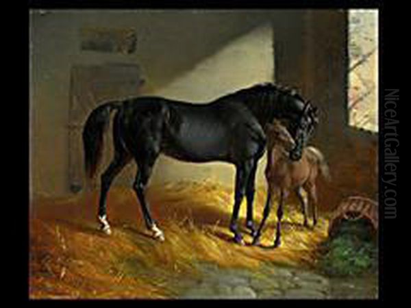 Pferd Und Fohlen In Der Stallung Balz Oil Painting by Benno Adam