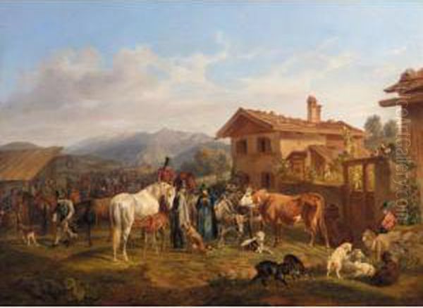 Ein Viehmarkt Im Bayrischen Gebirge (cow Market In The Bavarian Alps) Oil Painting by Benno Adam