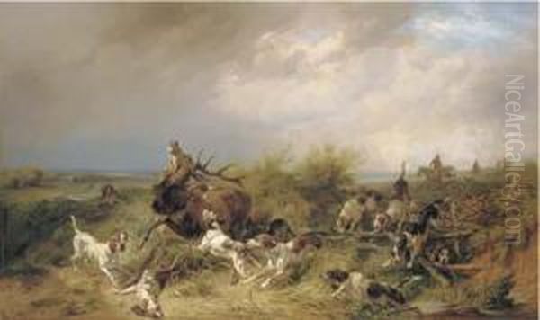 A Stag Hunt In A Coastal Landscape Oil Painting by Benno Adam