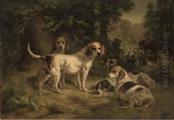 Hounds Resting In A Woodland Clearing With Huntsmen Beyond Oil Painting by Benno Adam