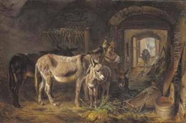 Donkeys In A Stable Interior Oil Painting by Benno Adam