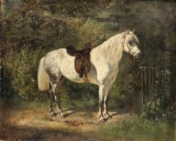 A Dappled Grey Pony Oil Painting by Emil Adam