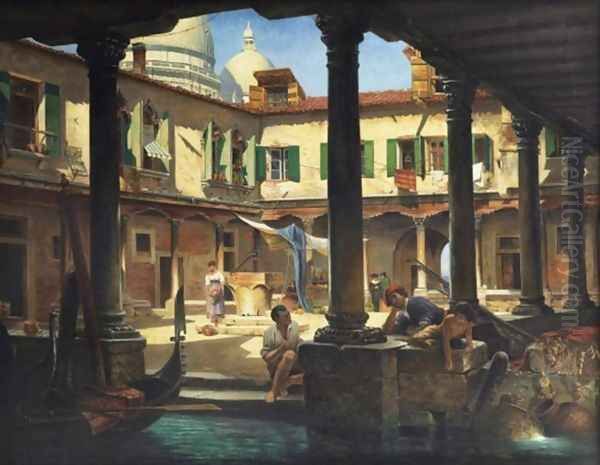 Personnages dans la cour de San Gregorio a Venise Oil Painting by Antonietta Brandeis