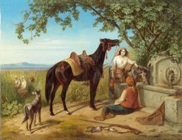 Mediterranean Landscape With Peasants And Animals At A Well. Oil Painting by Eugen Adam