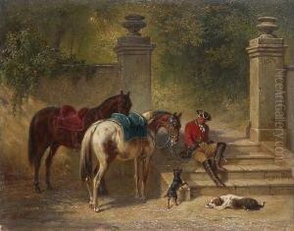 Rokokokavalier Mit Zwei Pferden
 Und Hunden Am Treppenaufgang Zum Schlosspark. Oil Painting by Eugen Adam