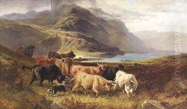 Droving Highland Cattle By A Lochside Oil Painting by Joseph Adam