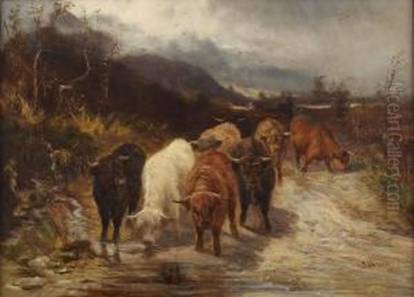 Highland Cattle On A Mountain Path Oil Painting by Joseph Denovan Adam