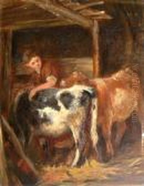 Tending To The Cattle Oil Painting by Joseph Denovan Adam