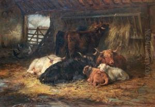 'winter Quarters', Highland Cattle In Abarn Oil Painting by Joseph Denovan Adam