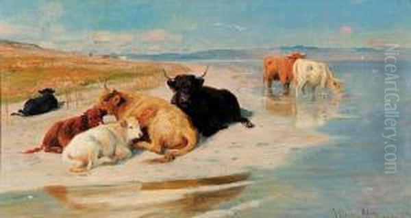 Highland Cattle By An Estuary Oil Painting by Joseph Denovan Adam