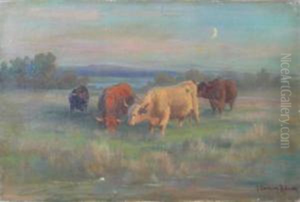 Crazing Cattle Oil Painting by Joseph Denovan Adam