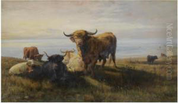 Highland Cattle By The Shore Oil Painting by Joseph Denovan Adam