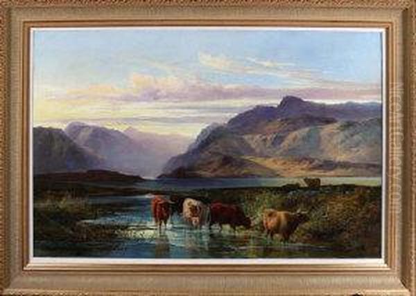 Cattle On The Shore Of A Loch Oil Painting by Joseph Denovan Adam