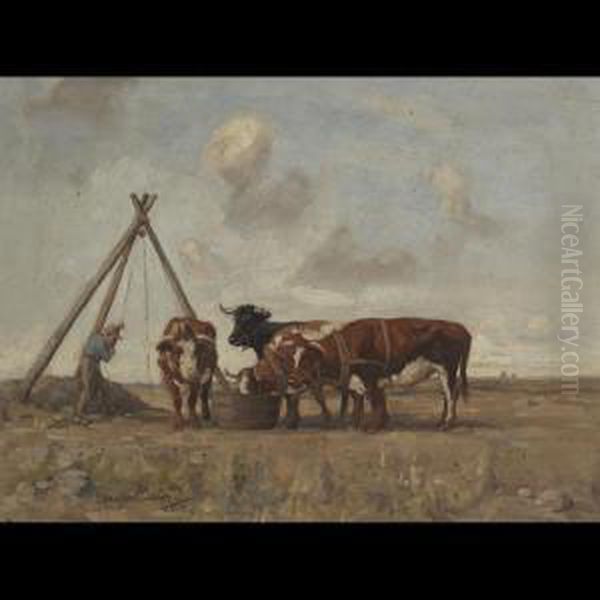 Farmer Watering Bulls At A Trough Oil Painting by Joseph Denovan Adam