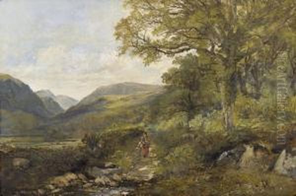 Landschaftspartie Mit Bauerin In Den Highlands. Oil Painting by Joseph Denovan Adam