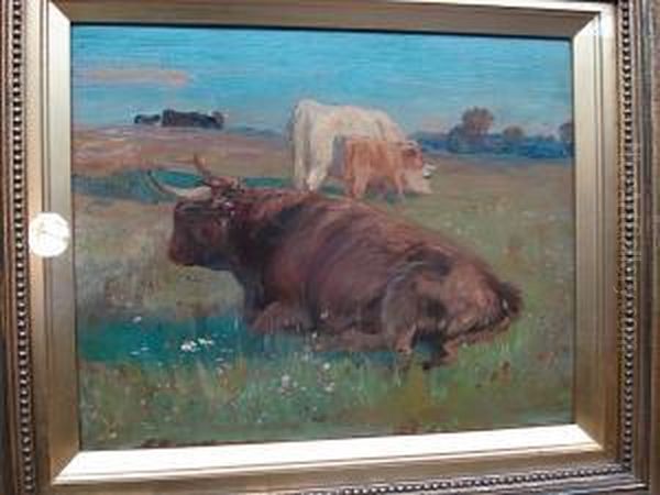 Cattle In Summer Pasture Oil Painting by Joseph Denovan Adam