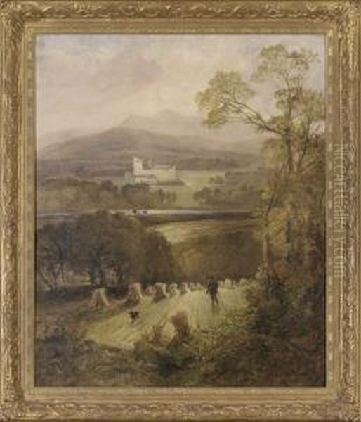 A Gamekeeper And His Dog With Balmoral Castle Beyond Oil Painting by Joseph Denovan Adam