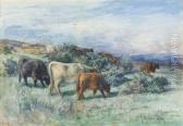 Highland Cattle Grazing On A Hillside Oil Painting by Joseph Denovan Adam