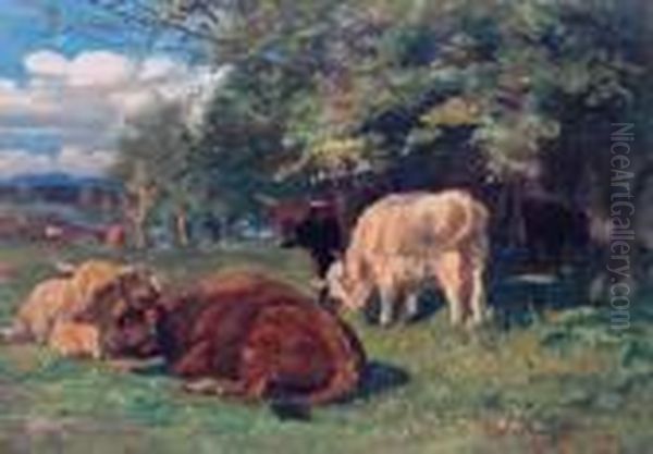 Highland Cattle Resting Oil Painting by Joseph Denovan Adam