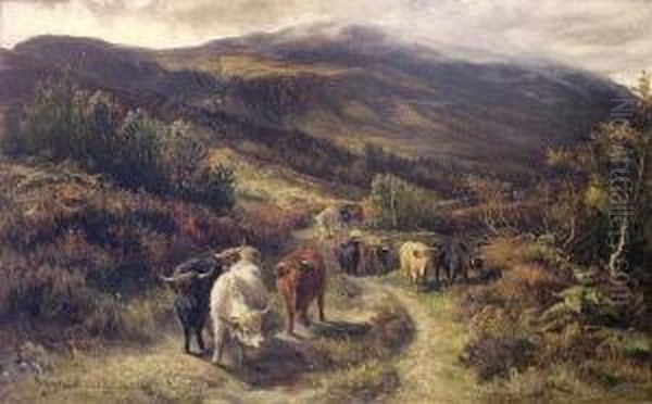 Highland Cattle On A Drove Road Oil Painting by Joseph Denovan Adam