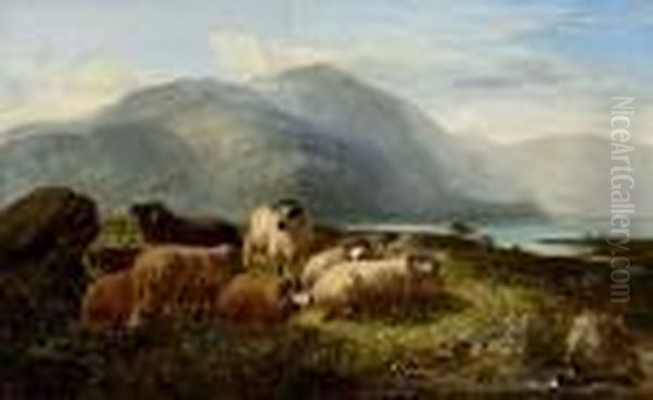 Sheep In A Highland Landscape Oil Painting by Joseph Denovan Adam