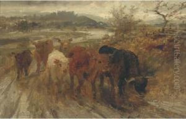 Cattle On A Track Oil Painting by Joseph Denovan Adam