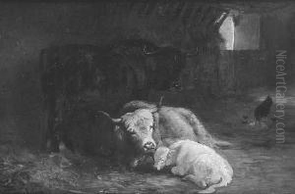 Cattle In A Barn Oil Painting by Joseph Denovan Adam