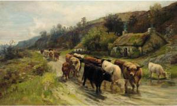 Cattle On A Highland Road Oil Painting by Joseph Denovan Adam