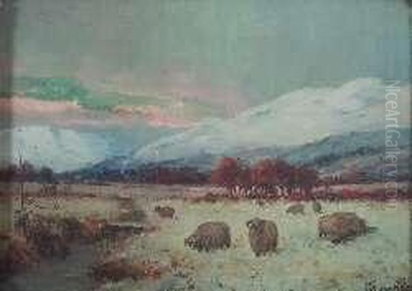 Sheep Grazing In A Snow Covered Landscape Oil Painting by Joseph Denovan Adam