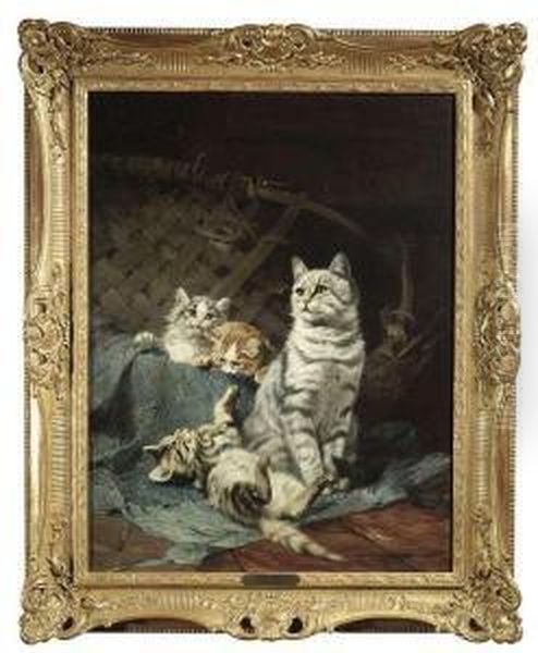 Three Kittenswith Her Mother At A Wicker Basket Oil Painting by Julius Adam