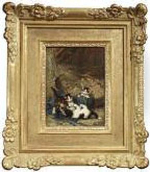 Three Kittensplaying In Straw At A Wicker Basket. Oil Painting by Julius Adam