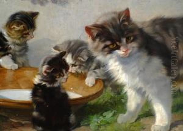 Katze Mit Ihren Jungen An Der Milchschussel Oil Painting by Julius Adam