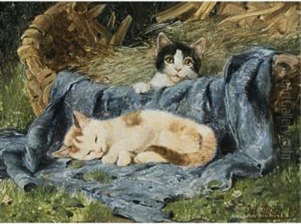 Two Kittens Oil Painting by Julius Adam