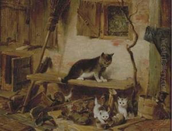 Cat With Kittens At Play Oil Painting by Julius Adam