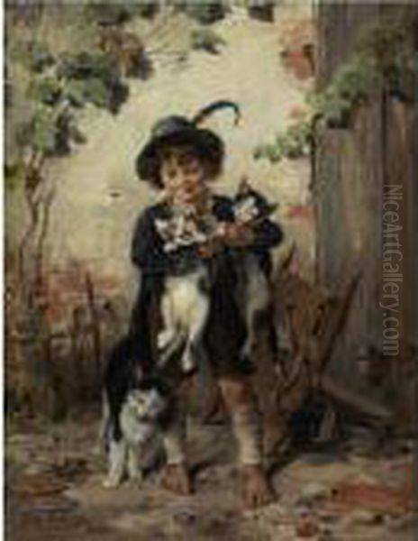 Young Boy With Three Cats Oil Painting by Julius Adam