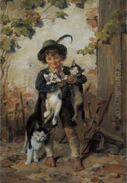 Trachtenjunge Mit Drei Katzen Oil Painting by Julius Adam