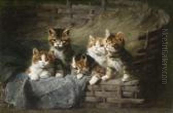 Funf Katzchen Im Korb. Oil Painting by Julius Adam