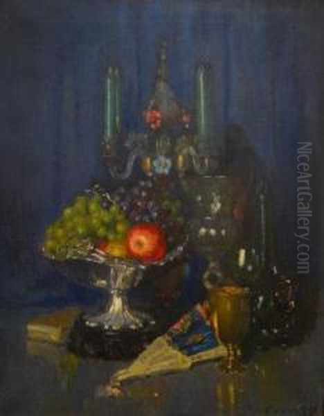 Still Life Of Grapes And An Apple In A Tazza, A Chalice And A Goblet With A Candelabra Oil Painting by Patrick William Adam