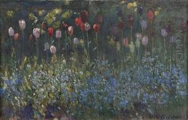 Tulips And Forget-me-not Oil Painting by Patrick William Adam