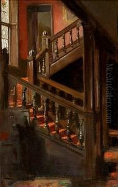 Staircase And Stained Glass Oil Painting by Patrick William Adam