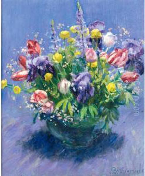 Tulips Marsh Marigolds, Irises And Lupins In A Vase Oil Painting by Patrick William Adam