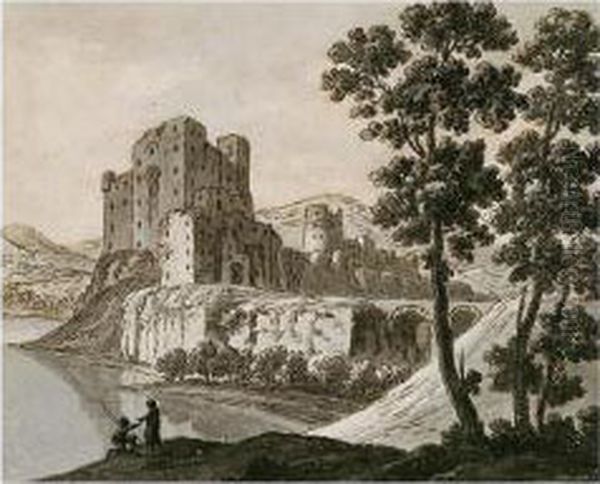 A Ruined Castle By A Lake Oil Painting by Robert Adam