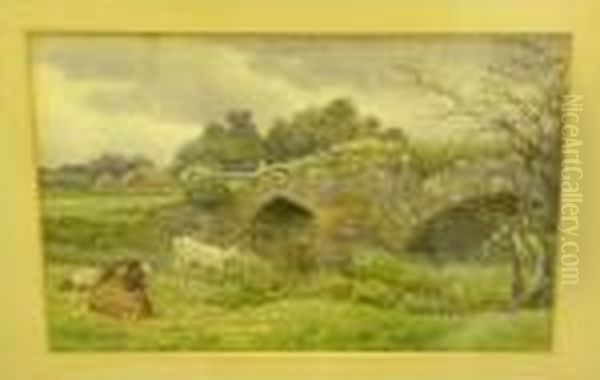 Cattle By An Ancient Stonebridge Oil Painting by Charles James Adams