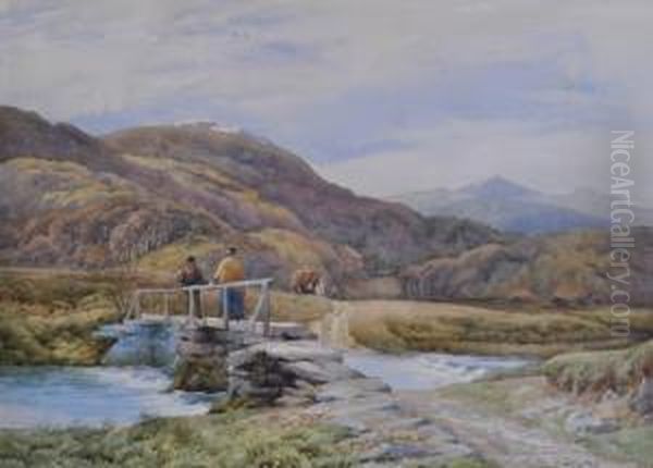 Figures On A Stone Bridge In The Mountains Oil Painting by Charles James Adams