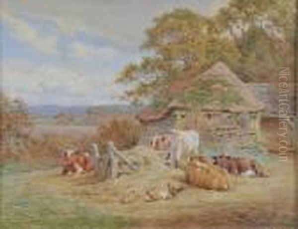 Cattle Resting Before A Barn, Signed, Watercolour Oil Painting by Charles James Adams