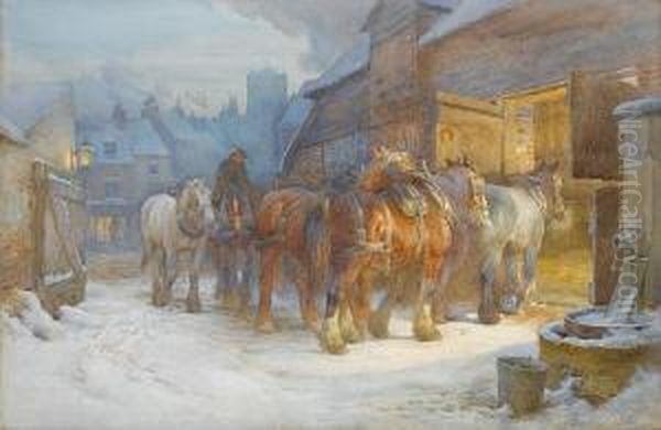 Horses Being Led To Their Stables Atdusk Oil Painting by Charles James Adams