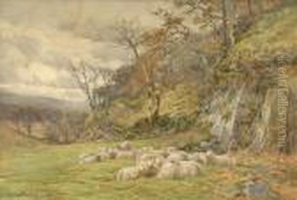 Autumn, Sheepresting Beneath A Rocky Escarpment Oil Painting by Charles James Adams